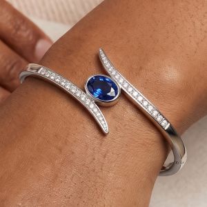Bypass Bezel Oval & Round Cut Blue & White Sapphire Bangle Bracelet