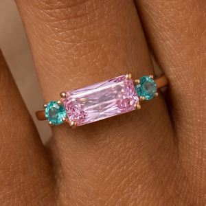 Golden Three Stone Baguette & Round Cut Pink & Tourmaline Sapphire Engagement Ring
