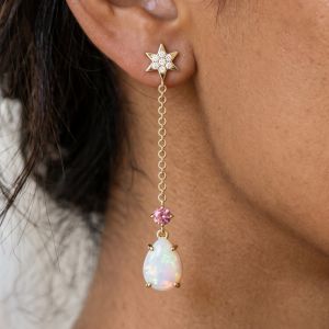 Golden Star Pear & Round Cut Opal & Pink & White Sapphire Drop Earrings