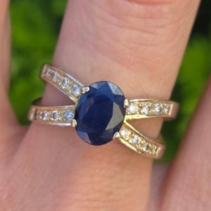 Golden Split Shank Oval & Round Cut Blue & White Sapphire Engagement Ring