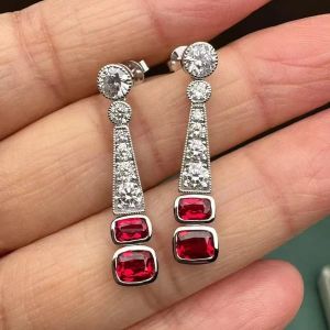 Bezel Cushion & Round Cut Ruby & White Sapphire Drop Earrings