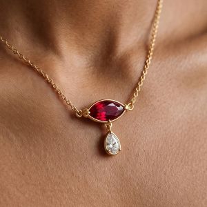 Golden Marquise & Pear Cut Ruby & White Sapphire Pendant Necklace