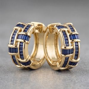 Golden Baguette Cut Blue Sapphire Hoop Earrings