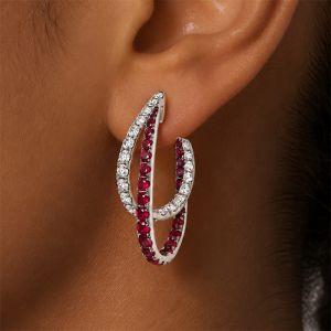 Intertwined Round Cut Ruby & White Sapphire Hoop Earrings