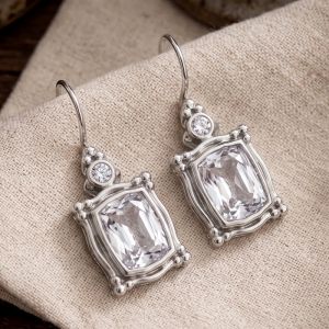 Bezel Cushion & Round Cut White Sapphire Drop Earrings