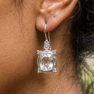 Bezel Cushion & Round Cut White Sapphire Drop Earrings