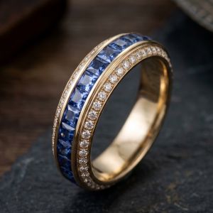 Triple Row Princess & Round Cut Blue & White Sapphire Eternity Wedding Band Ring