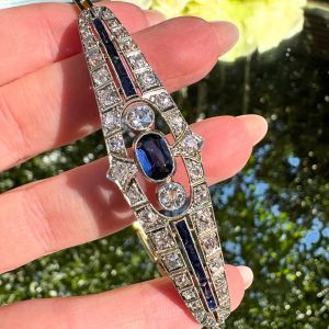 Bezel Milgrain Oval & Round Cut Blue & White Sapphire Art Deco Tennis Bracelet