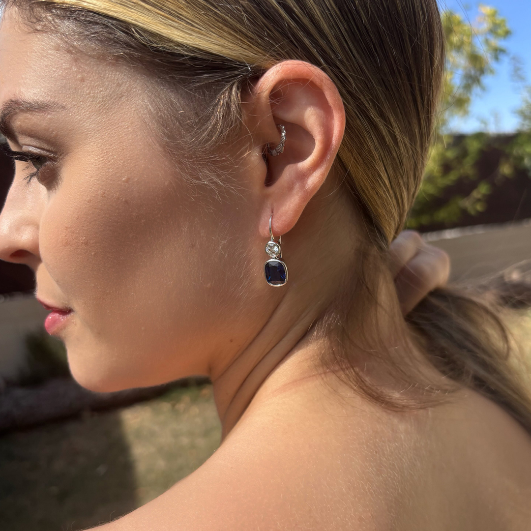 Classic Cushion Cut Blue Sapphire Drop Earrings For Women