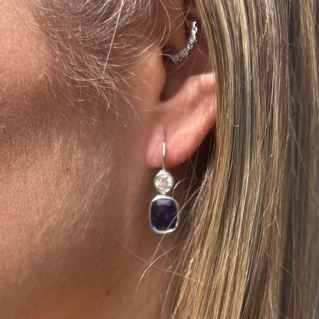 Classic Cushion Cut Blue Sapphire Drop Earrings For Women