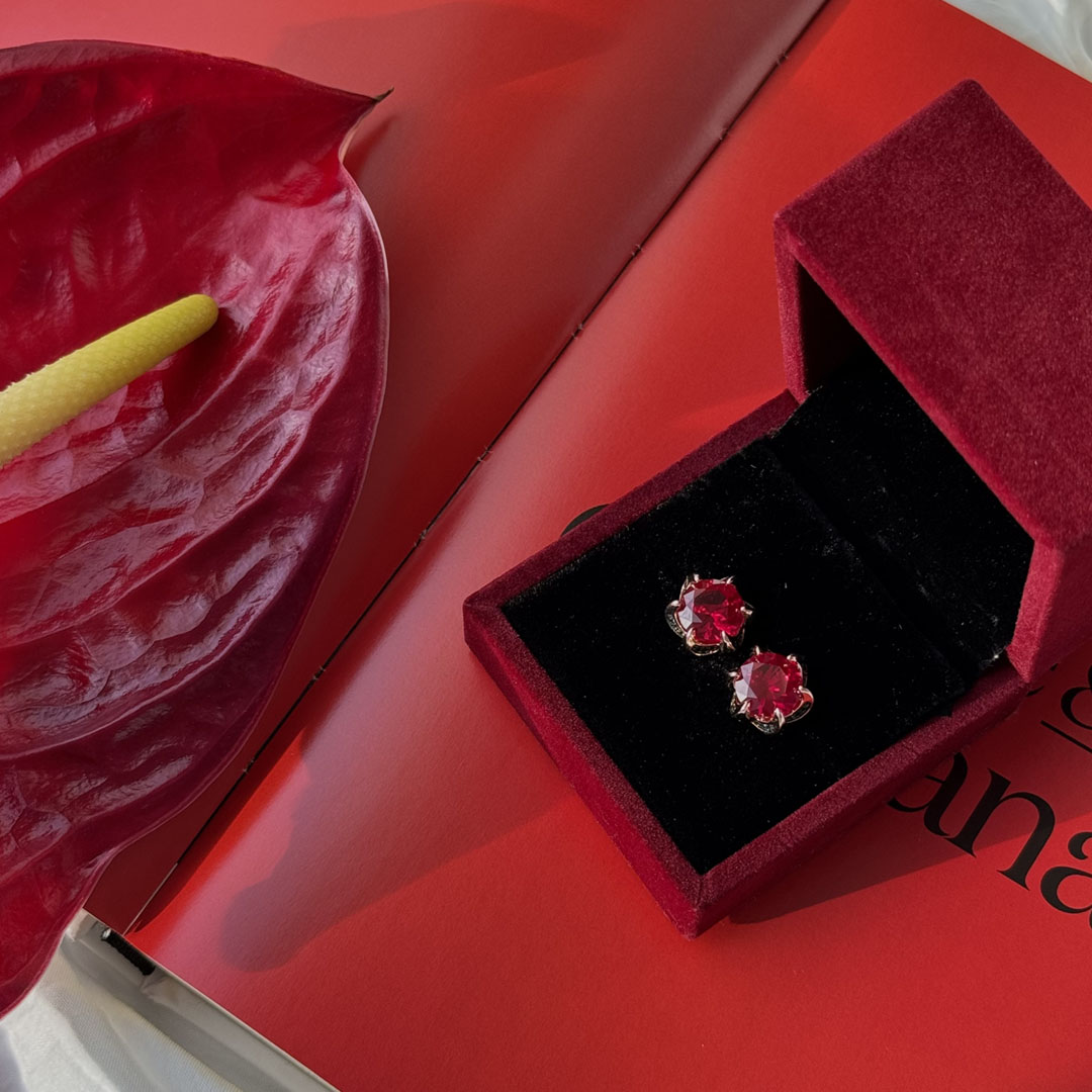 Unique Rose Gold Ruby Sapphire Round Cut Stud Earrings For Women