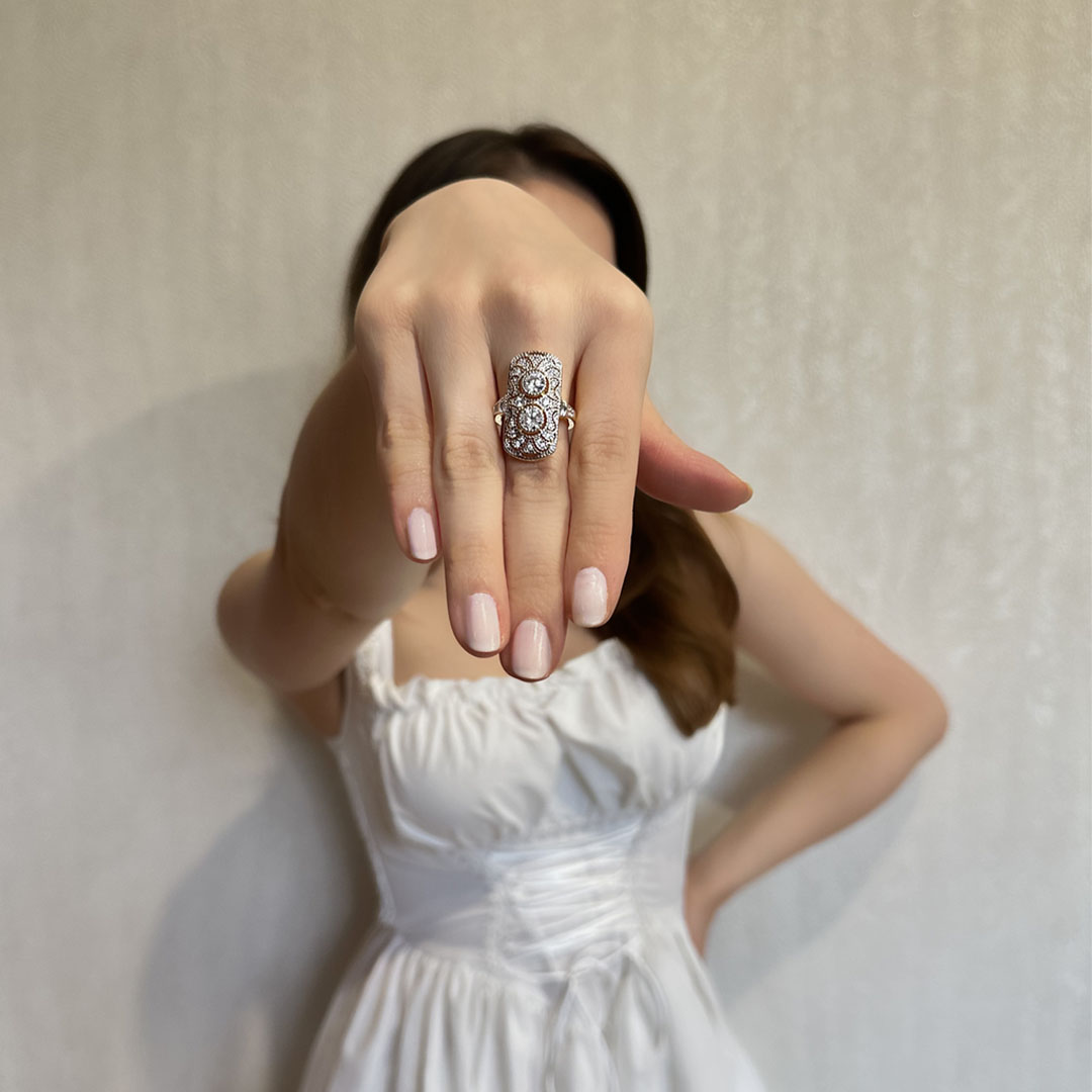 Art Deco Two Tone White Sapphire Round Cut Engagement Ring For Women