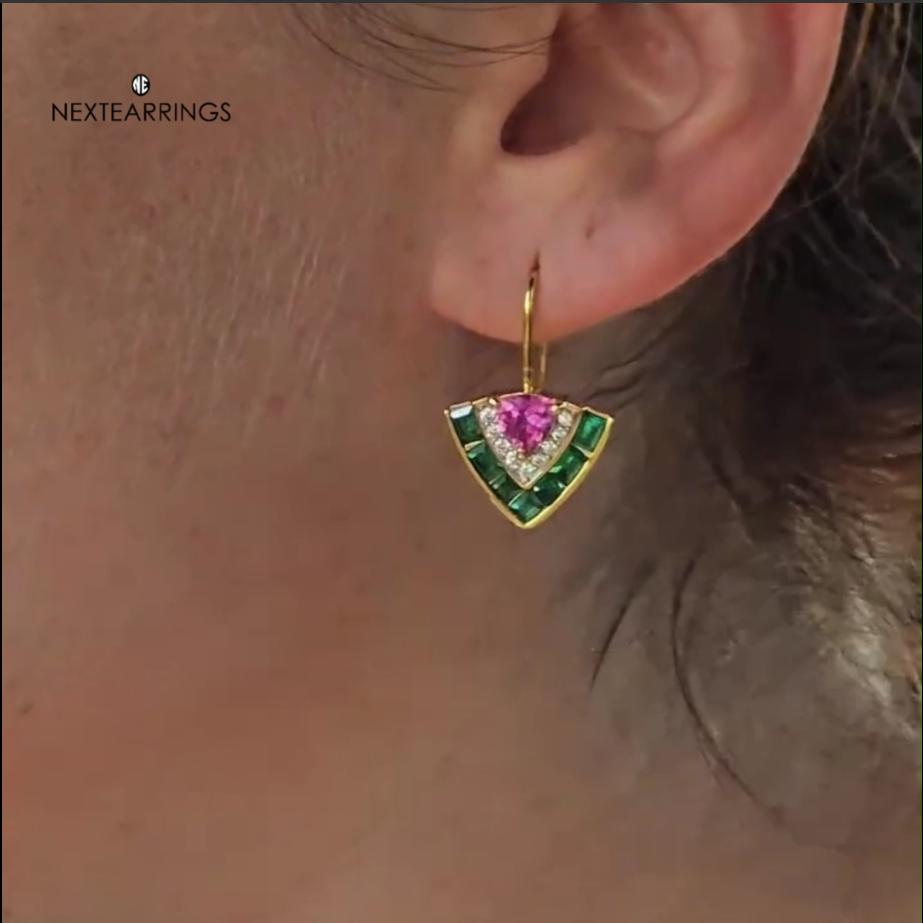 Golden Multi-Cut Pink & White & Emerald Sapphire Tiered Drop Earrings For Women