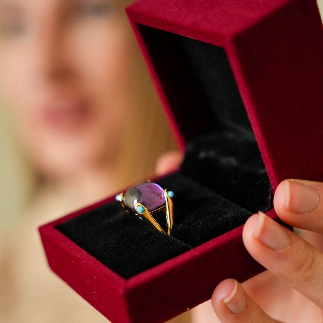 Art Deco Cushion Cabochon Cut Amethyst Sapphire Split Shank Engagement Ring For Women