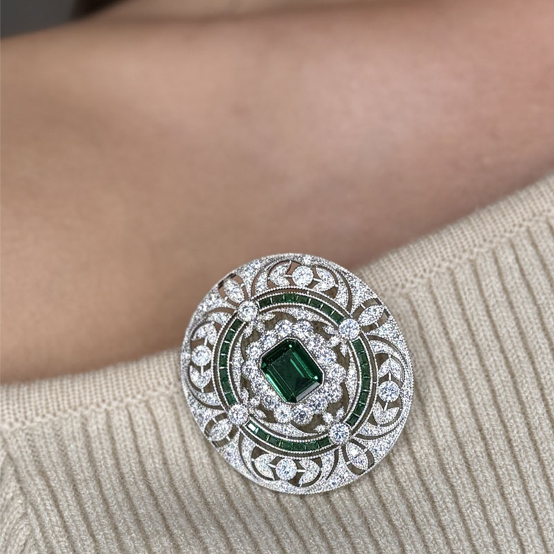 Art Deco Halo Emerald & Round Cut Emerald & White Sapphire Brooch Pin For Women