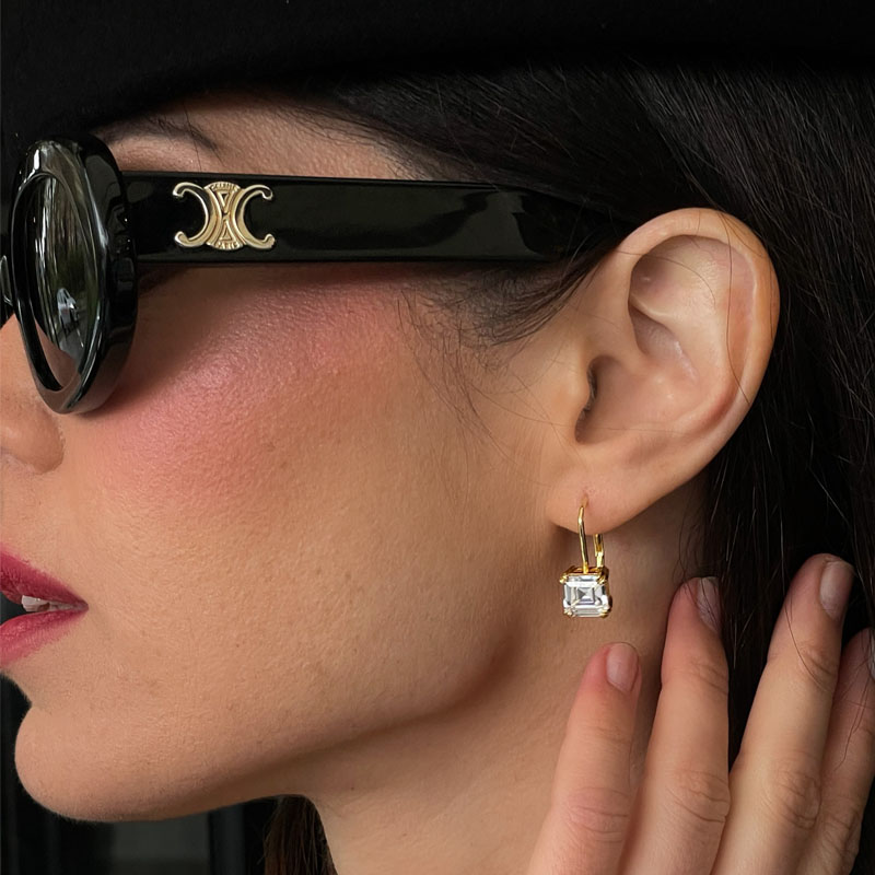 Nextearrings Classic Golden Solitaire Asscher Cut White Sapphire Drop Earrings For Women