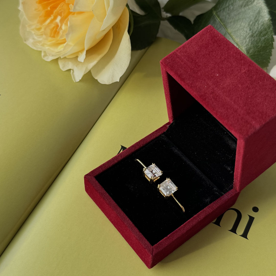 Nextearrings Classic Golden Solitaire Asscher Cut White Sapphire Drop Earrings For Women