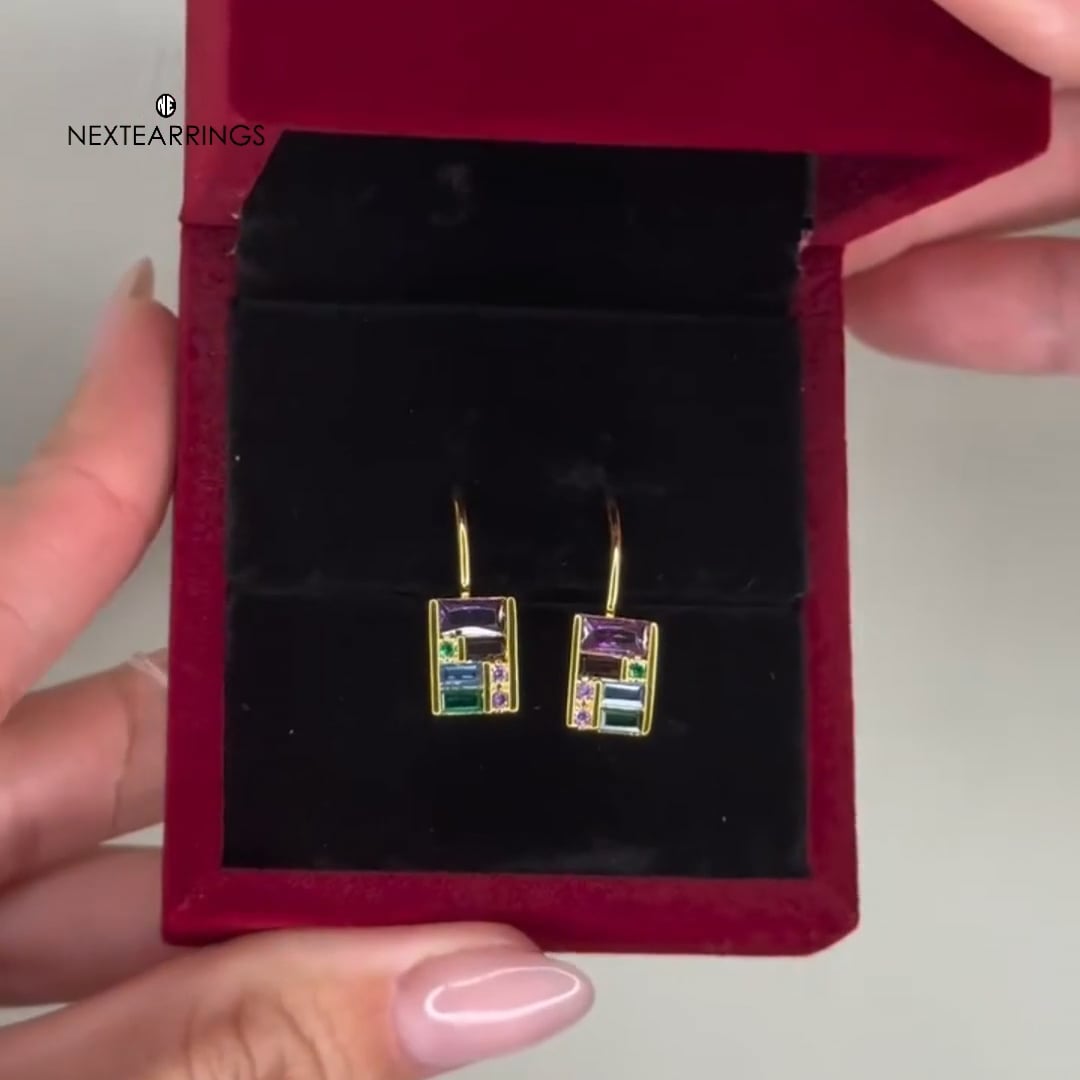 Golden Baguette Cut Purple & Emerald & Blue Sapphire Drop Earrings