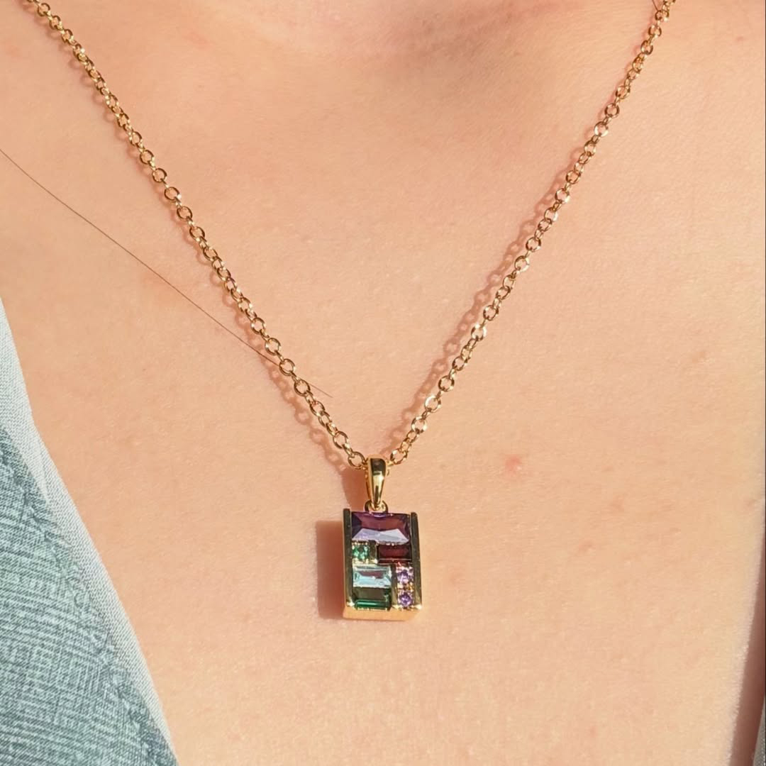 Golden Baguette Cut Purple & Emerald & Blue Sapphire Pendant Necklace