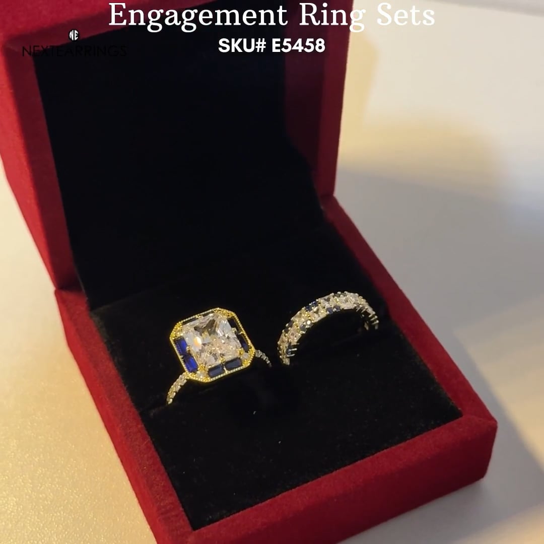 Halo Radiant & Baguette Cut White & Blue Sapphire Engagement Ring Sets